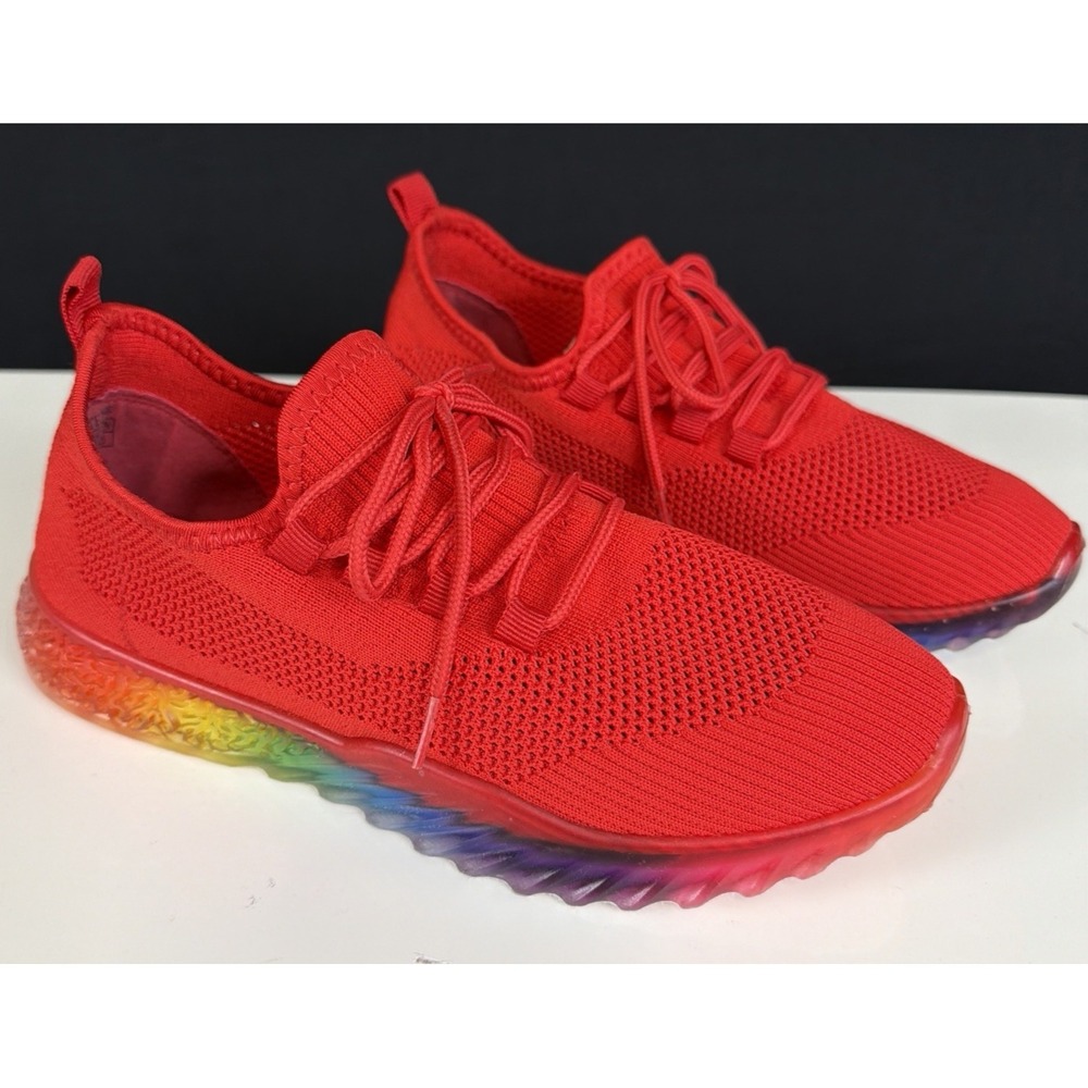 WANTED Flyknit Athletic Shoe Affinity Red W/Rainbow Sole Womens Sz 9 Tennis NEW